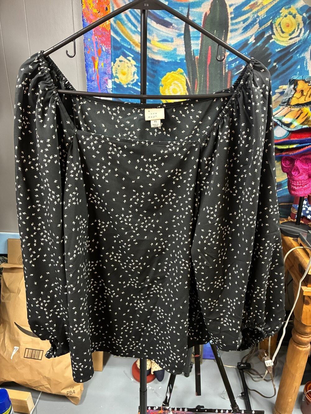 A New Day Women’s XL Black Floral Square Neck Blouse Long Puff Sleeve Ditsy Prin